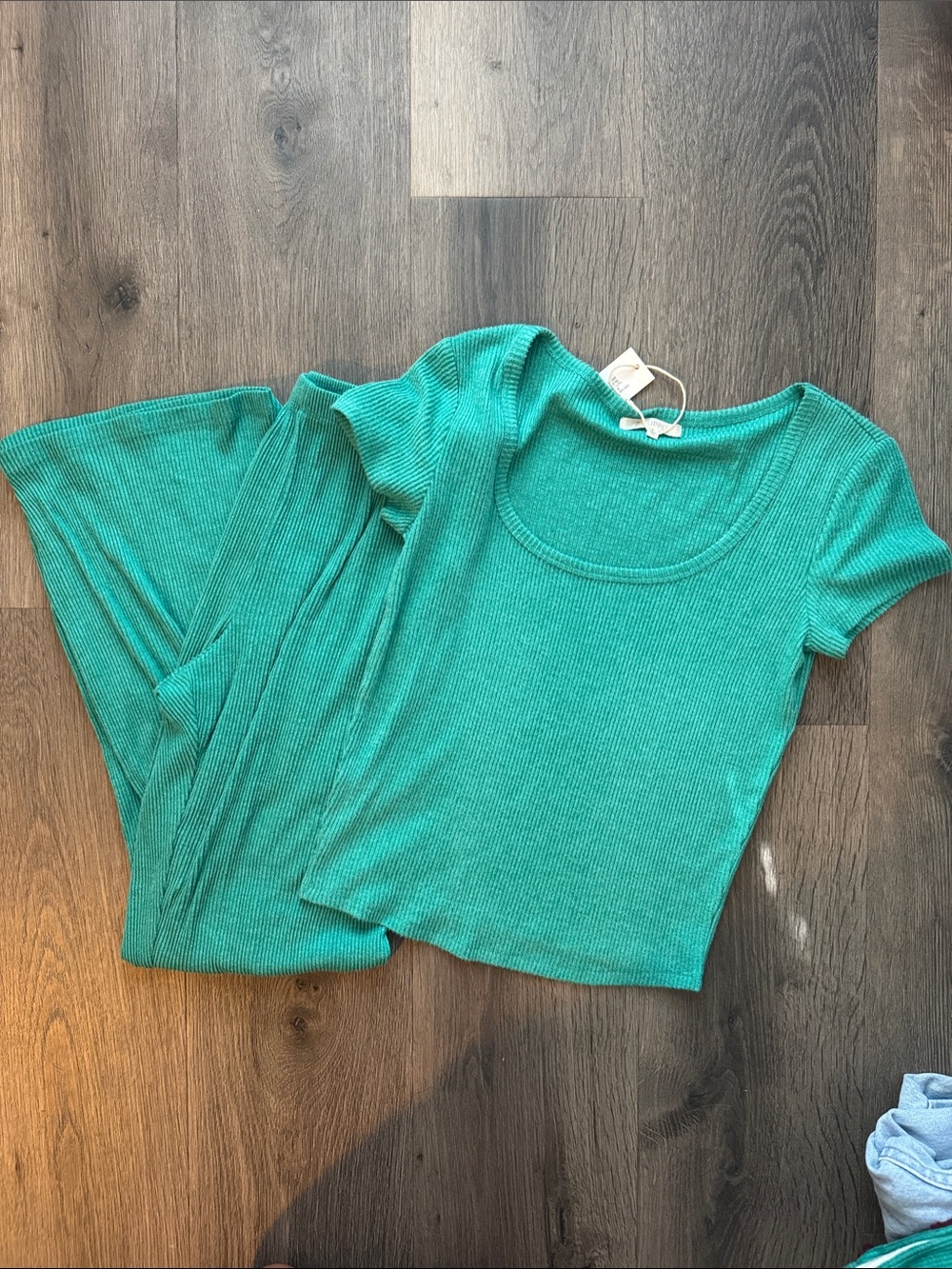 Z Supply Green Ribbed Flare Pants + Scoop Top Set